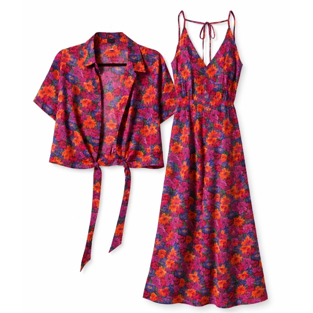 Molly Bracken Floral 2 Piece Maxi‎ Dress and Tie Front Crop Shirt Set Purple S